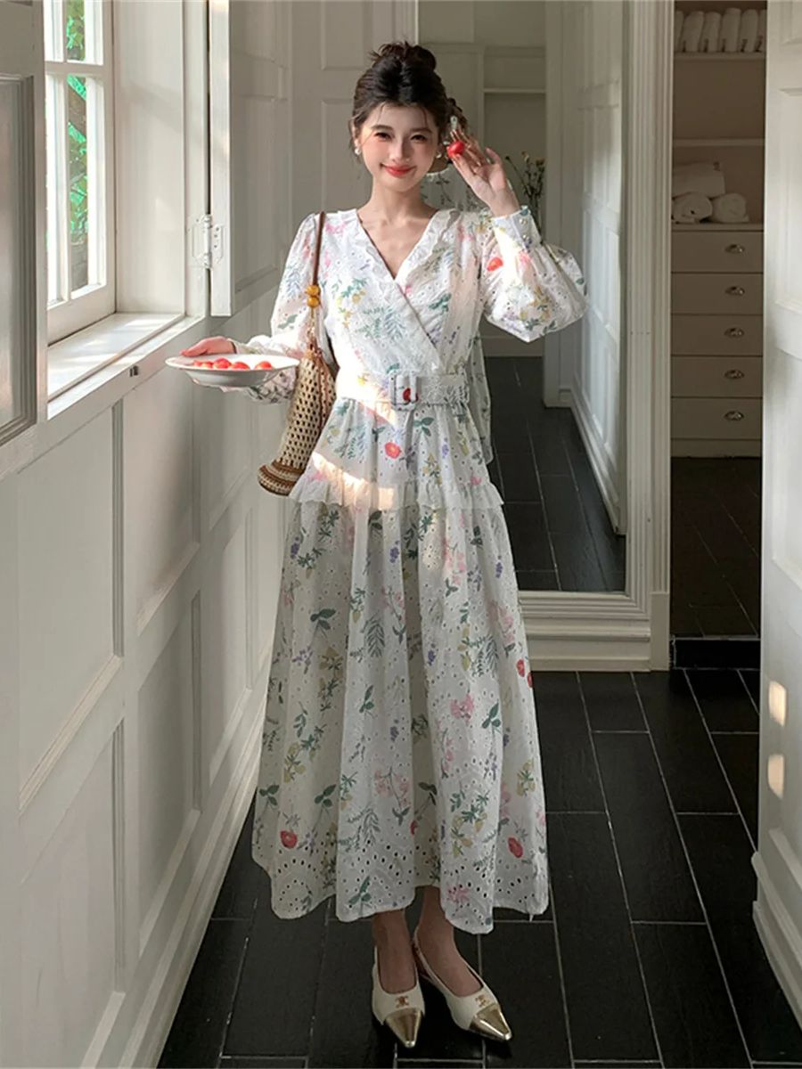 French Vintage Floral Midi Dress - فستان ميدي بطبعة زهور وأكمام فانوسية