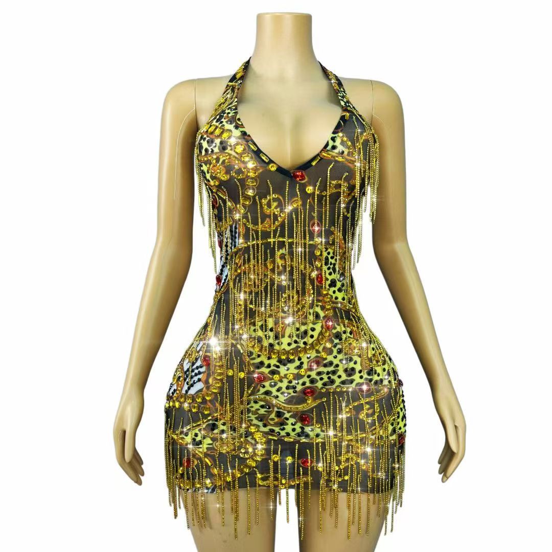 Sparkly Rhinestone Club Party Dress - فستان قصير ضيق مزين بسلاسل من