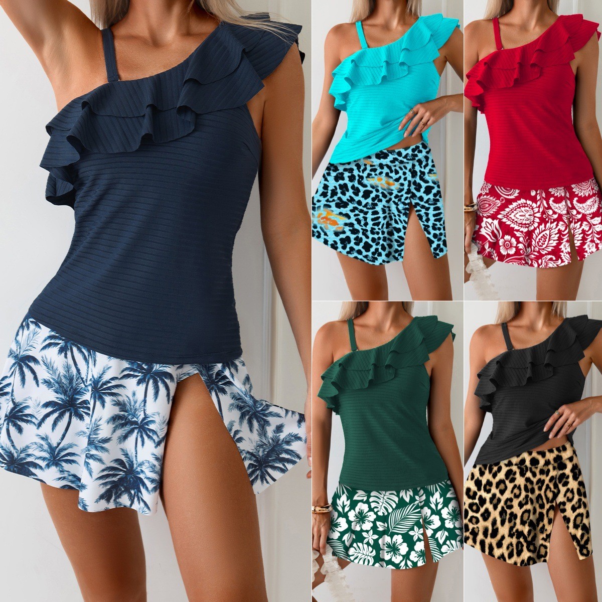 Skirts - ملابس سباحة نسائية تانكيني بدون أكمام،