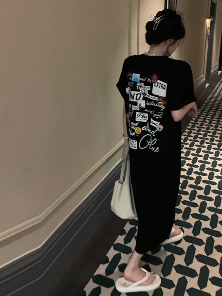 Korean Style A Line Shirt Dress - فستان نسائي صيفي أسود بأكمام قصيرة،