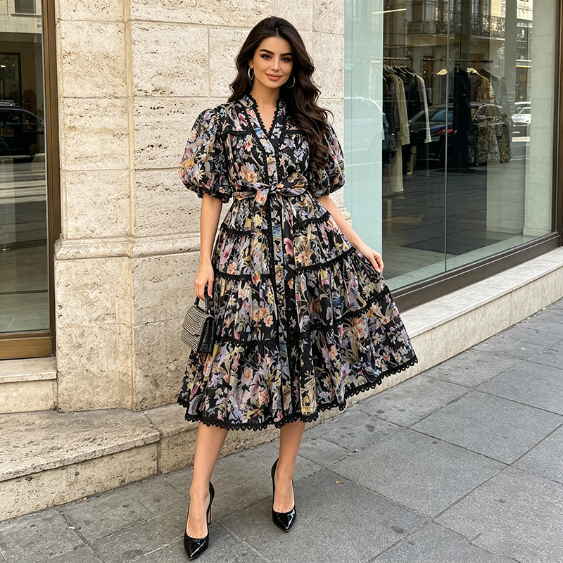 فستان شاي زامور الفرنسي بتصميم - مراجعة French Vintage Floral Midi Dress وسعره