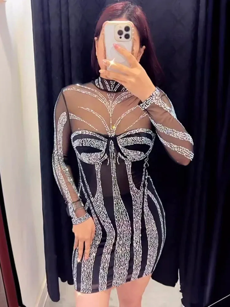 سباركلي الماس حجر الراين فستان - مراجعة Sexy Mesh Sheer Bodycon Dress وسعره